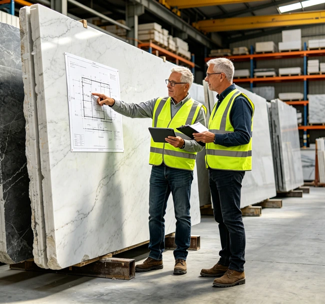 Natural stone technical specialists reviewing shop drawings and slab quality