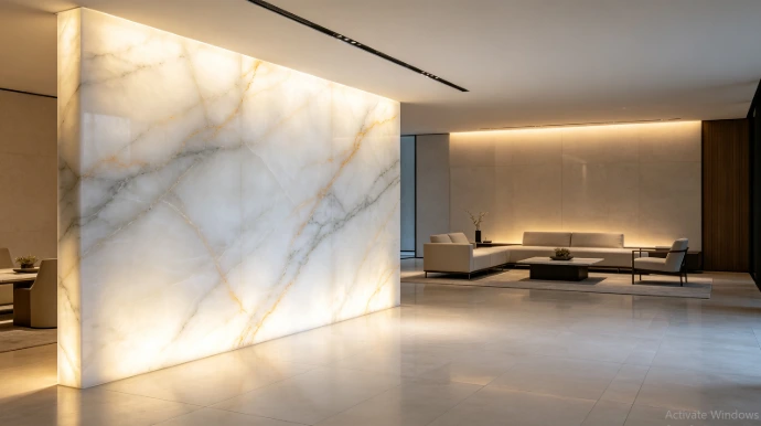Illuminated bookmatched White Onyx feature wall in luxury interior