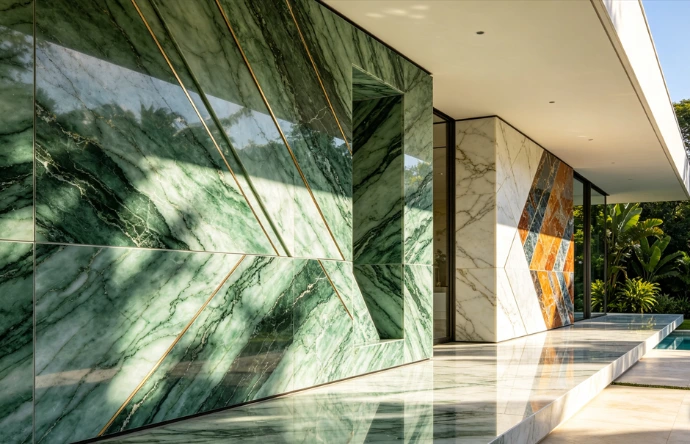 Exotic green natural stone wall cladding and interior design