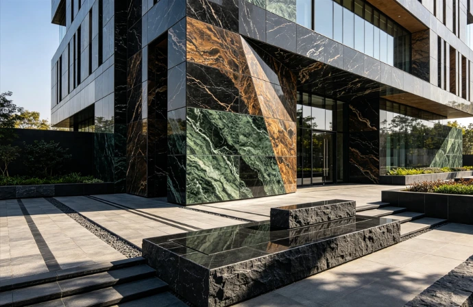 Modern building exterior with luxury natural stone finish