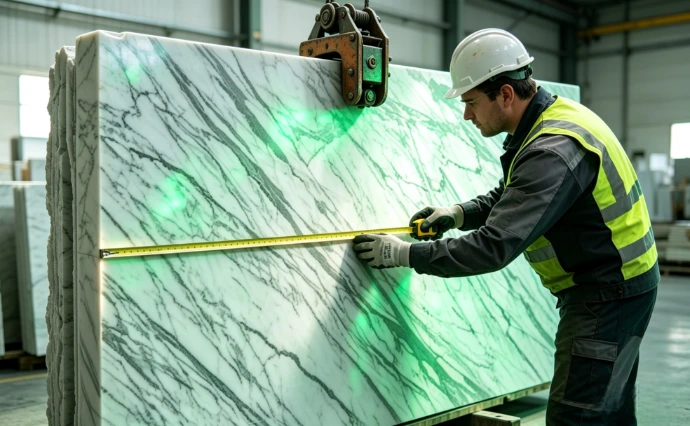 Quality control inspector measuring natural stone slab dimensions